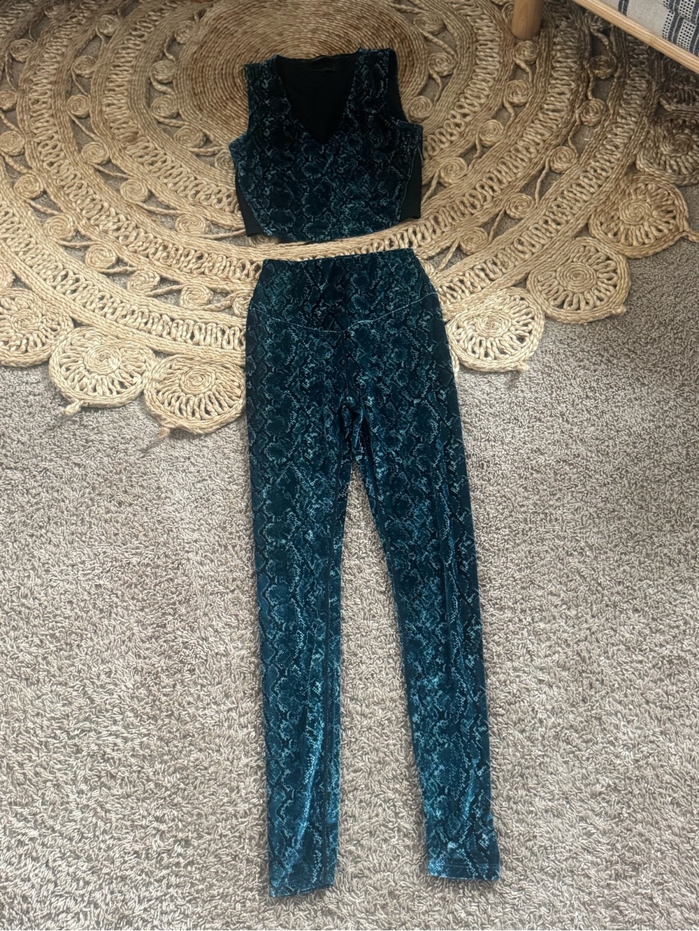 Carbon38 Teal Velvet Snake-Print High-Waist Leggings and Matching Crop Top